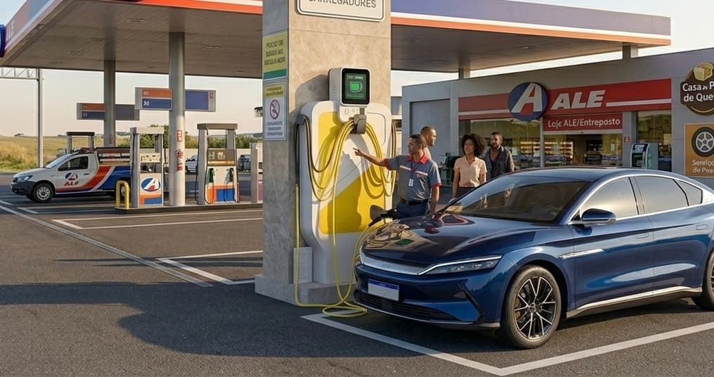 Carregador Zelo instalado em um posto de combustível: atendente apresenta o totem a clientes ao lado de um carro elétrico conectado.