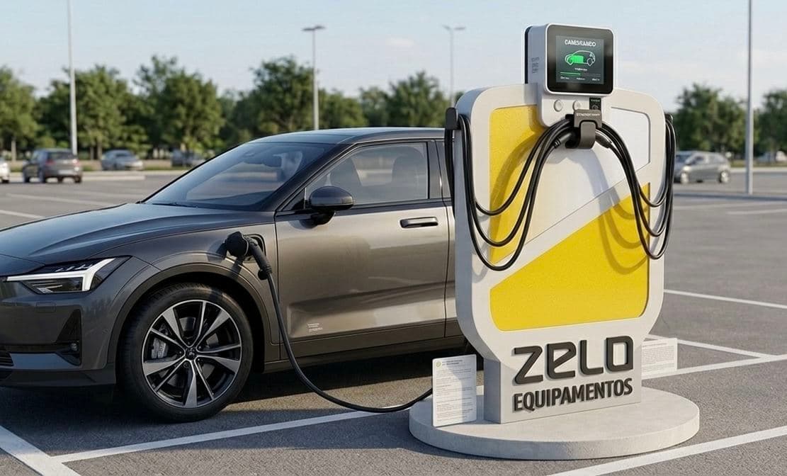 Totem de recarga Zelo em estacionamento ao ar livre, com o cabo conectado a um carro elétrico carregando.
